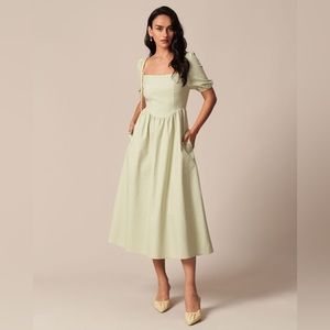 NWT! The Light Green Square Neck Shirred Midi Dress